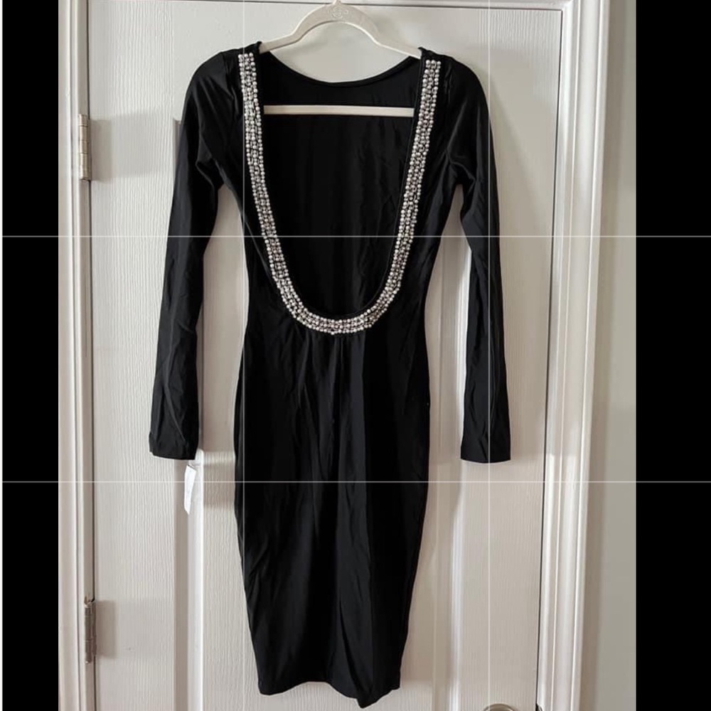 NWT Stunning Backless Long Sleeve Dress with pearl/rhinestone detail